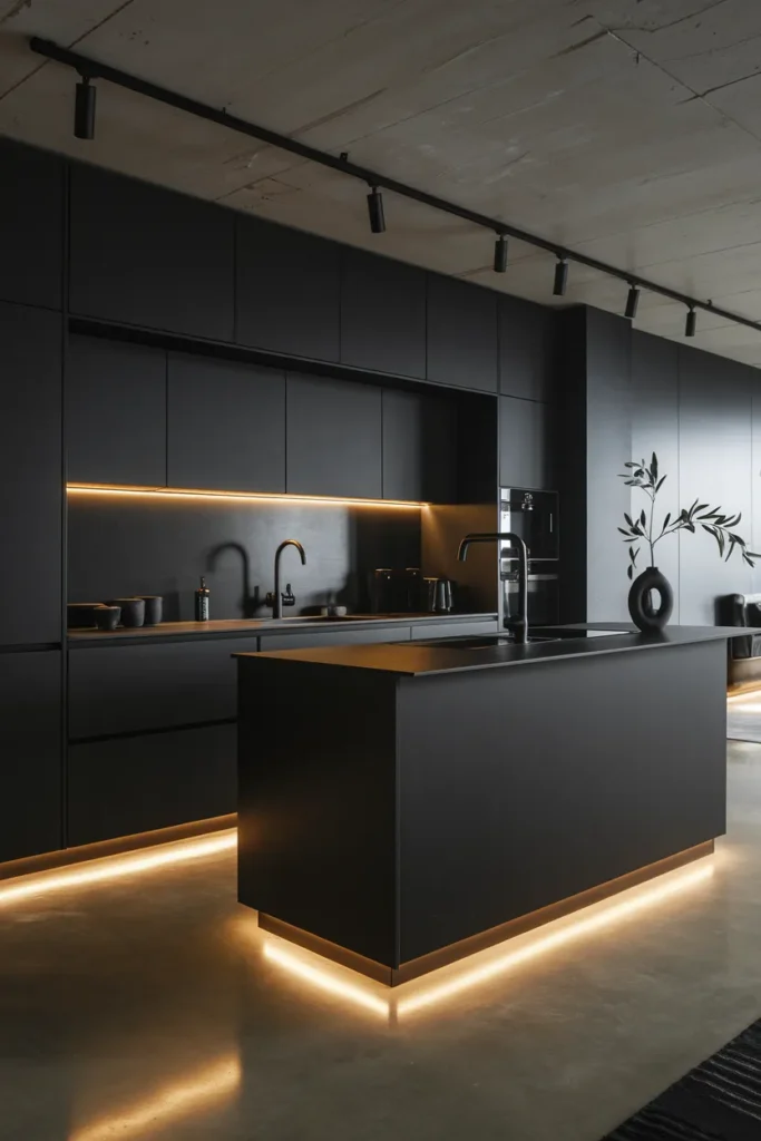 25 Dark & Moody Kitchen Ideas That Make Shadows Feel Luxurious 5 All Matte Black, Then Light It Like a Stage