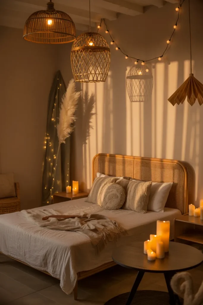 25 Beautiful Boho Bedroom Ideas That Bring Comfort and Soul to Your Space 11 Ambient Lighting for Evening Calm