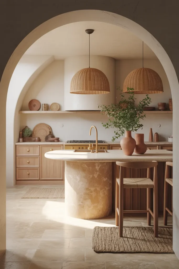 Arched Entryway with Curved Island and Woven Textures