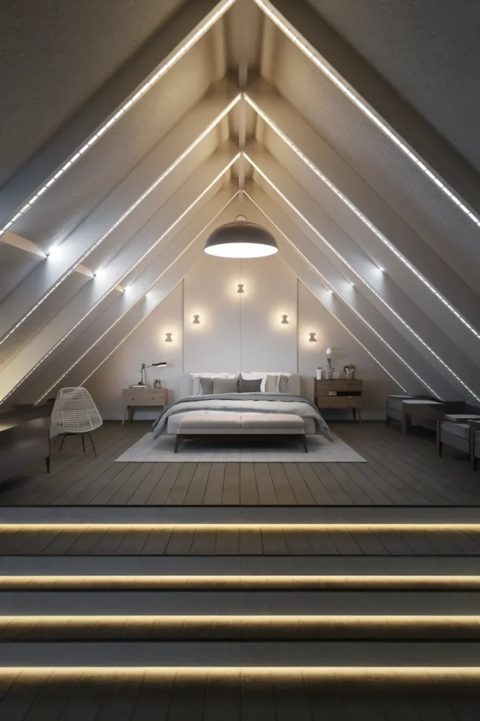 30 Attic Bedroom Ideas That Turn Forgotten Spaces into Dreamy Retreats 26 Artistic Lighting Loft Bedroom