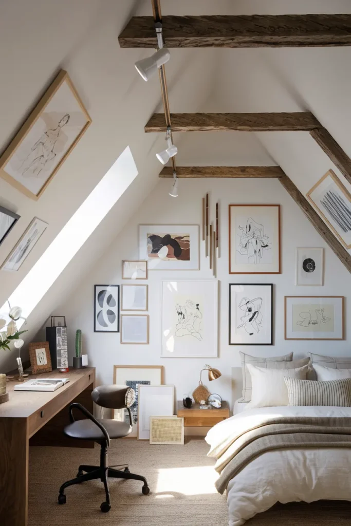 30 Attic Bedroom Ideas That Turn Forgotten Spaces into Dreamy Retreats 10 Artistic Loft with Gallery Touches