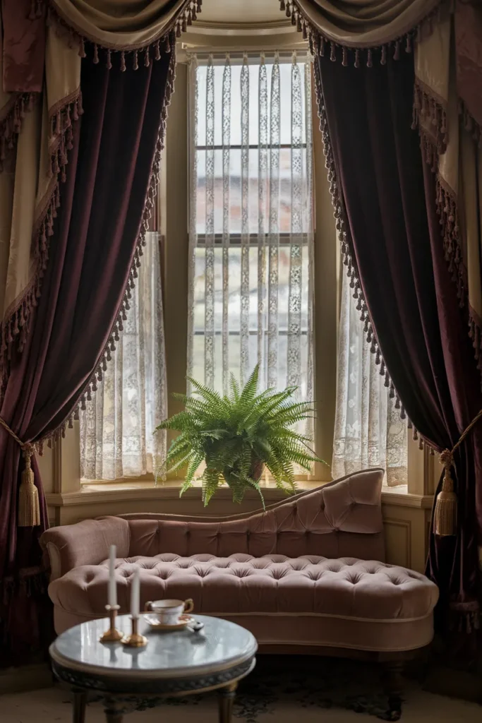 Bay Window Nook with Lace Curtains and Heavy Drapes