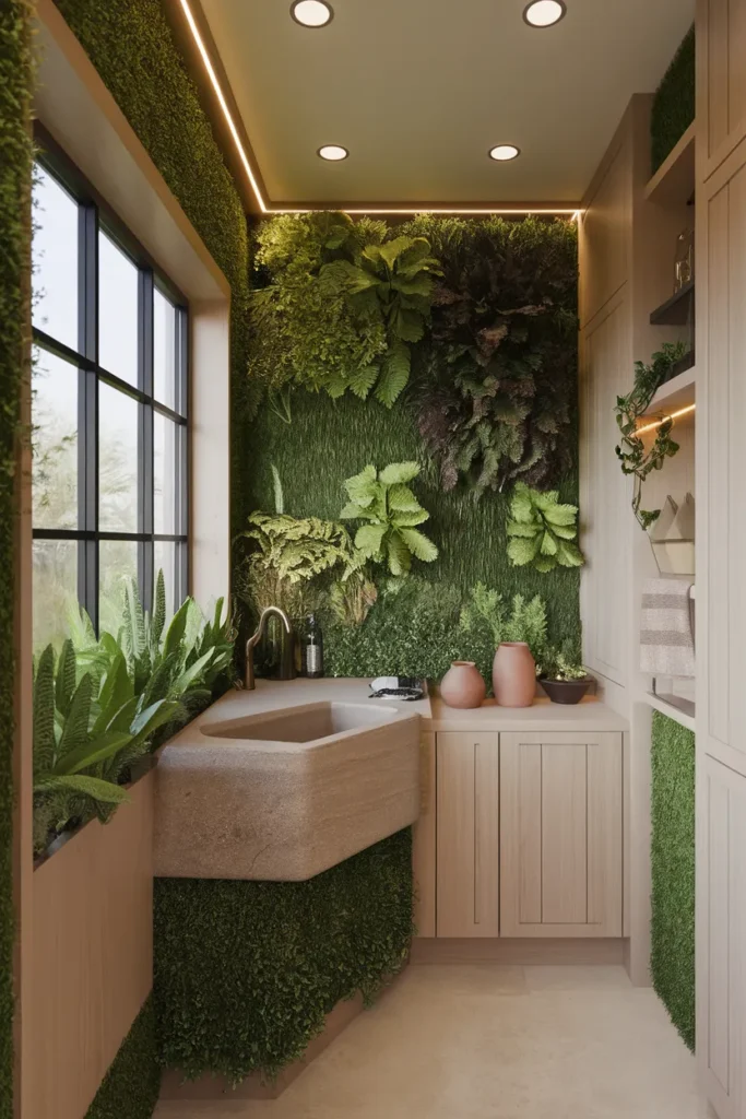 Biophilic Corner with Indoor Green Wall and Stone Basin