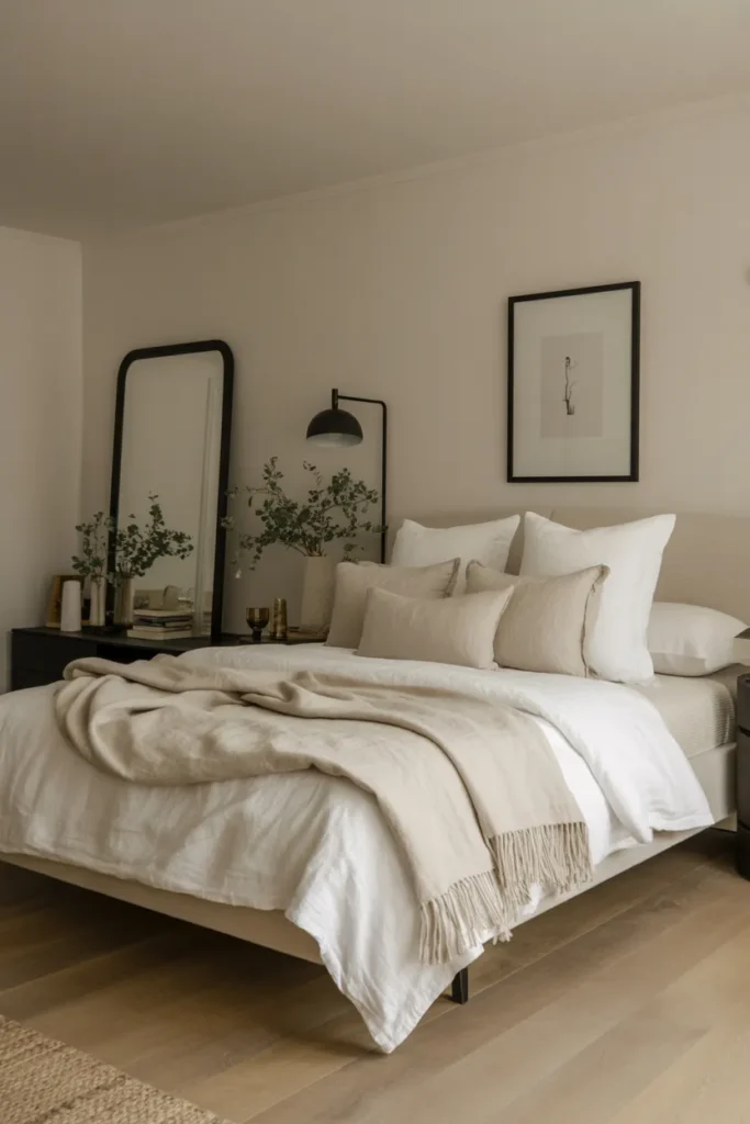 17 Warm and Elegant Nancy Meyers Bedroom Aesthetic Ideas for Timeless Comfort 16 Black Accents for Subtle Sophistication