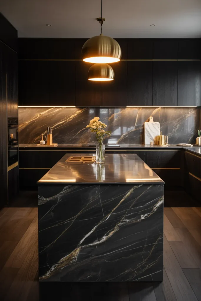 25 Dark & Moody Kitchen Ideas That Make Shadows Feel Luxurious 7 Black Marble Countertops with Subtle Veining