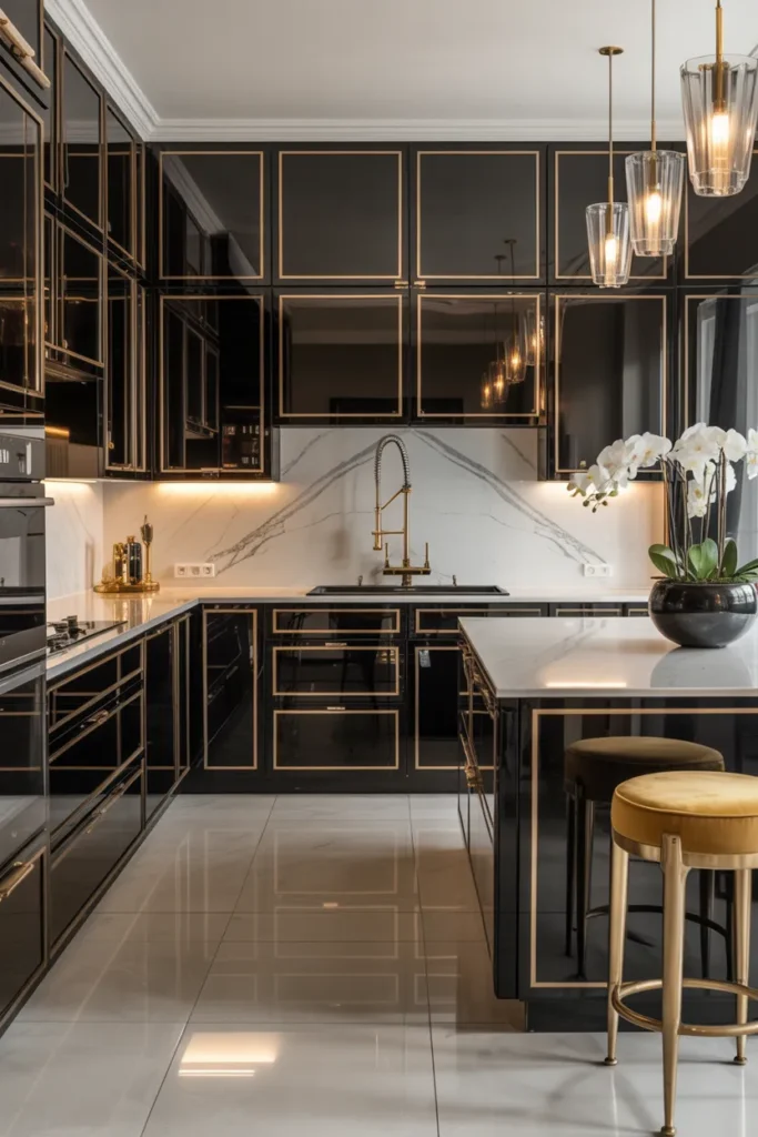 Black and Gold Glam Kitchen Cabinet Suite