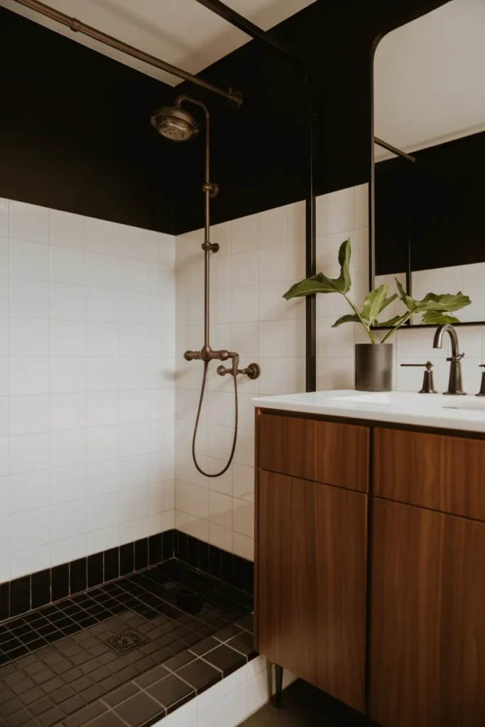 20 Mid Century Modern Bathroom Ideas That Instantly Elevate Your Space 19 Black and White Contrast With Wood Accents