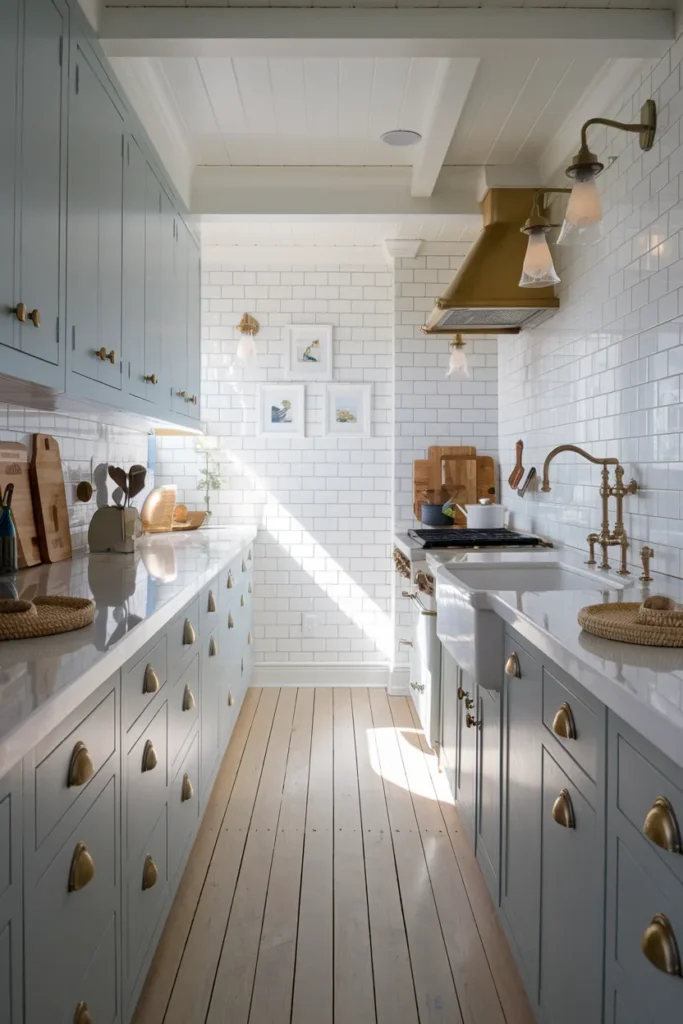 The Ultimate Guide to Small Coastal Kitchen Makeovers with a Breezy Beach Feel 4 Blue Shaker Cabinets with Brass Touches