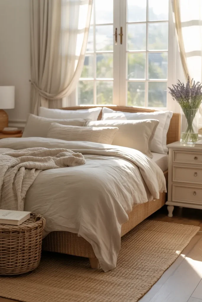17 Warm and Elegant Nancy Meyers Bedroom Aesthetic Ideas for Timeless Comfort 7 Breezy Linen Bedding for Effortless Comfort