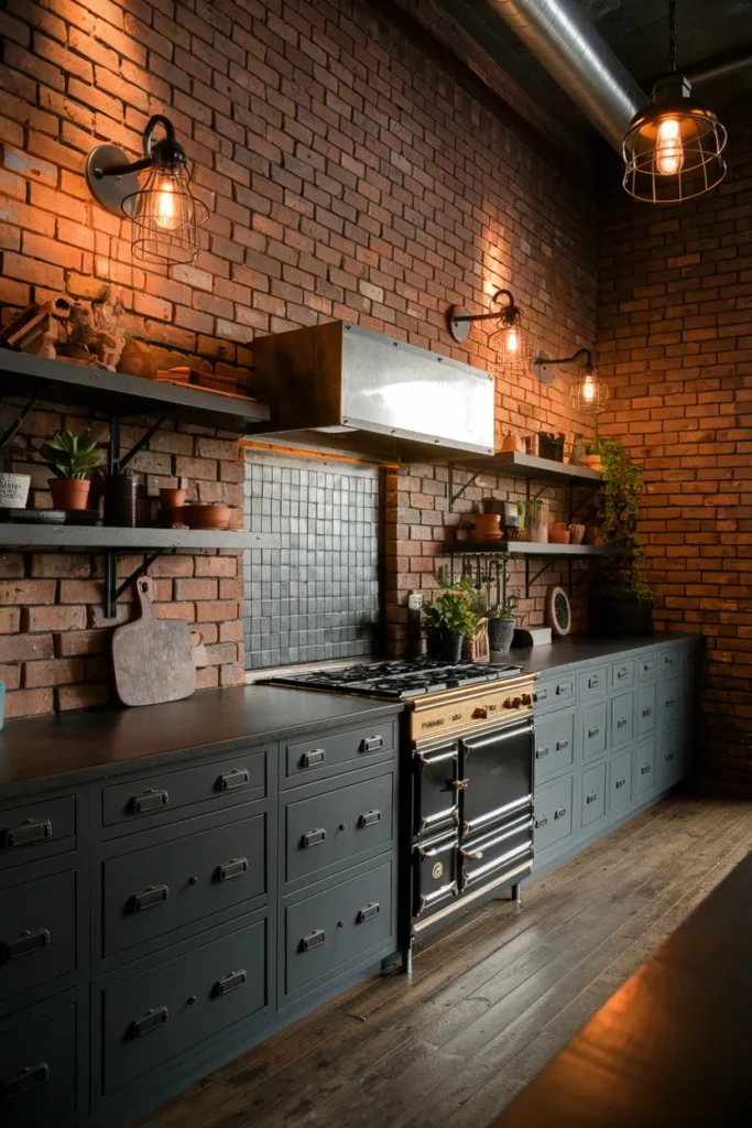 25 Dark & Moody Kitchen Ideas That Make Shadows Feel Luxurious 16 Brick Walls with Charcoal Accents