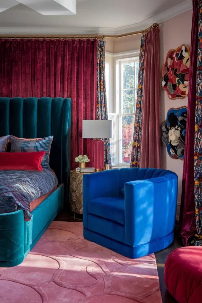 28 Maximalist Bedroom Decor Ideas That Mix Comfort, Color, and Chaos Beautifully 8 Bring in Vibrant Upholstery