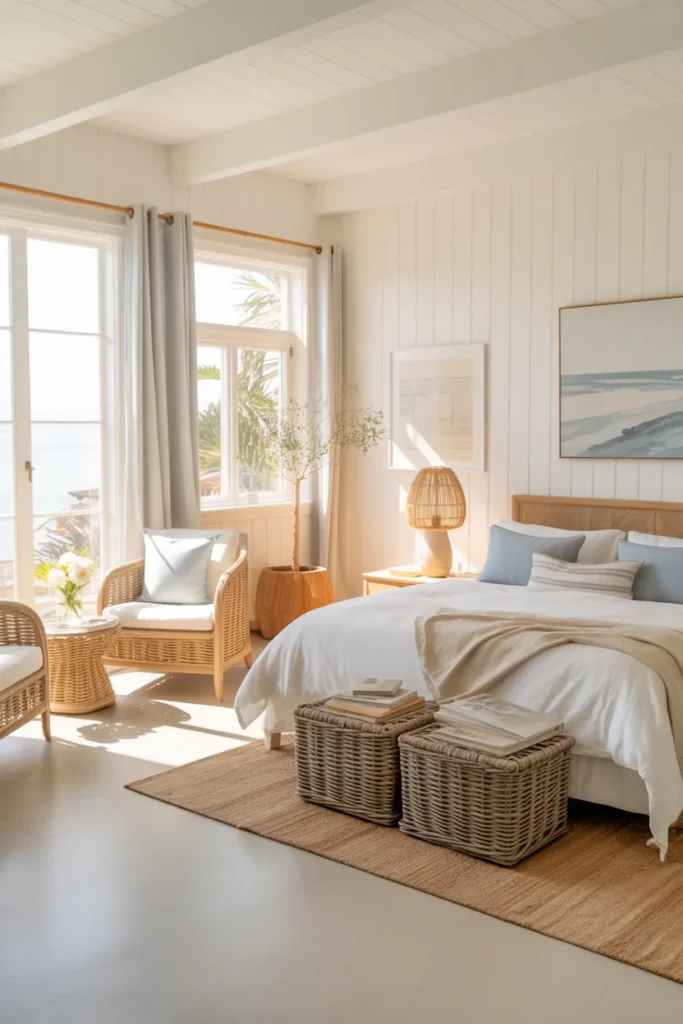 17 Warm and Elegant Nancy Meyers Bedroom Aesthetic Ideas for Timeless Comfort 9 California Coastal Calm