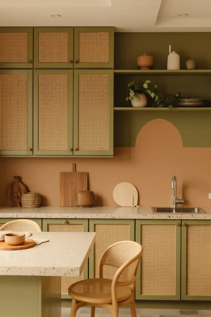 Cane Front Cabinets with Earthy Palette