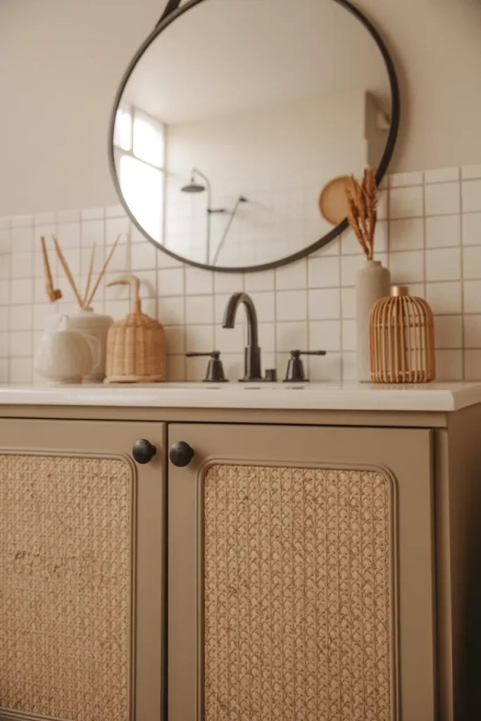 20 Mid Century Modern Bathroom Ideas That Instantly Elevate Your Space 11 Cane Front Vanity With Round Mirror