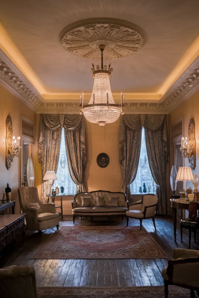 Ceiling Medallion and Sparkling Crystal Chandelier