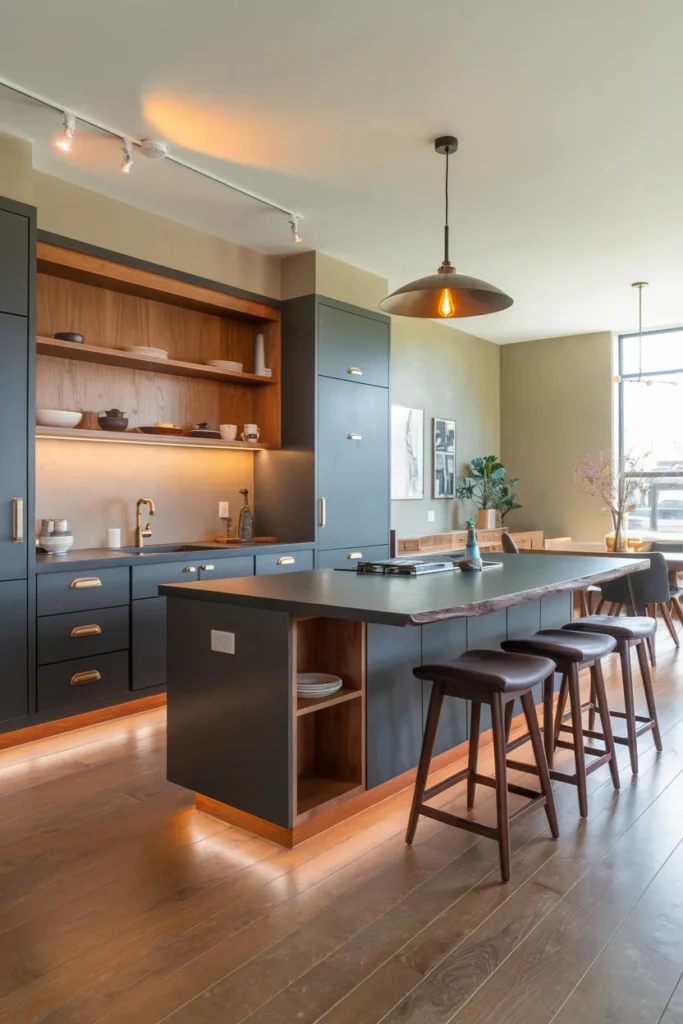 25 Dark & Moody Kitchen Ideas That Make Shadows Feel Luxurious 2 Charcoal Cabinets with Walnut Warmth