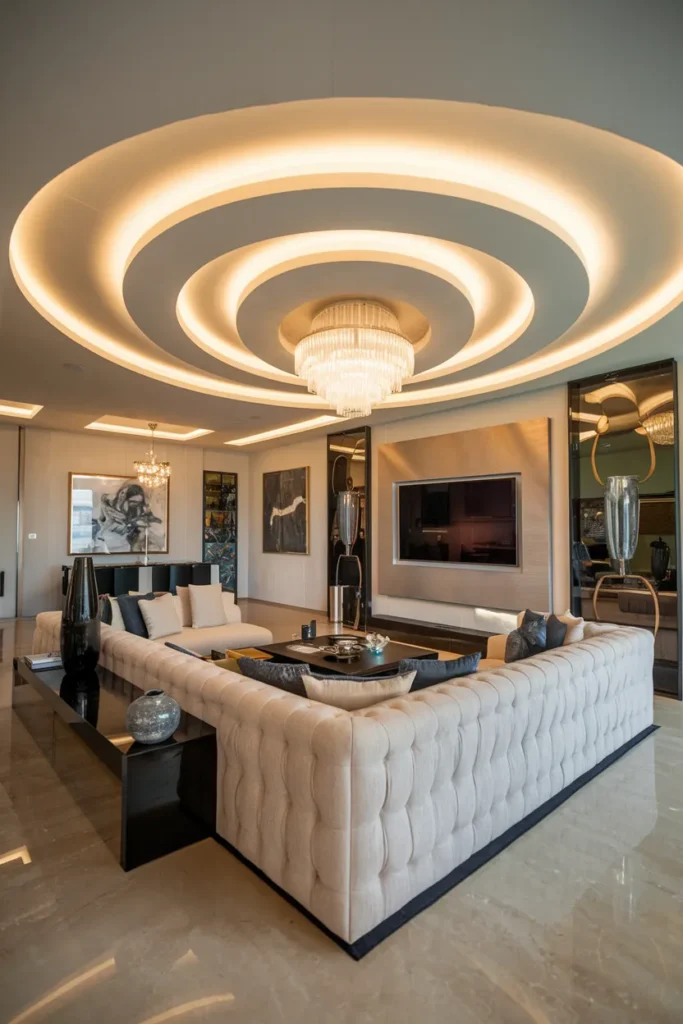 30 False Ceiling Ideas That Instantly Make Your Home Look More Luxurious 9 Circular Layered False Ceiling with Chandelier Lighting