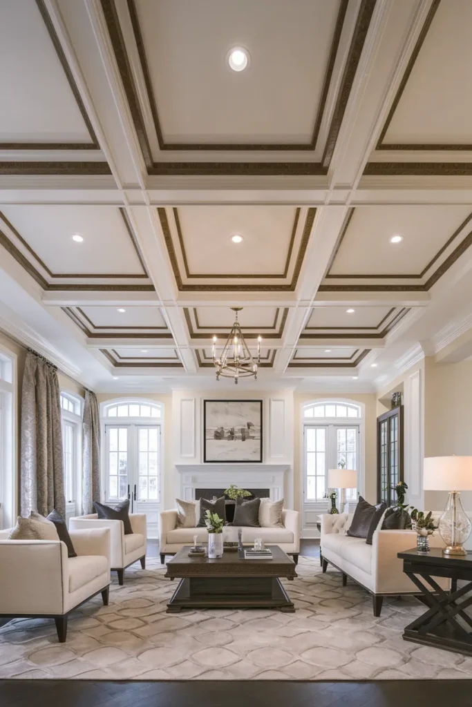 30 False Ceiling Ideas That Instantly Make Your Home Look More Luxurious 7 Classic Coffered False Ceiling with Ornamental Trim