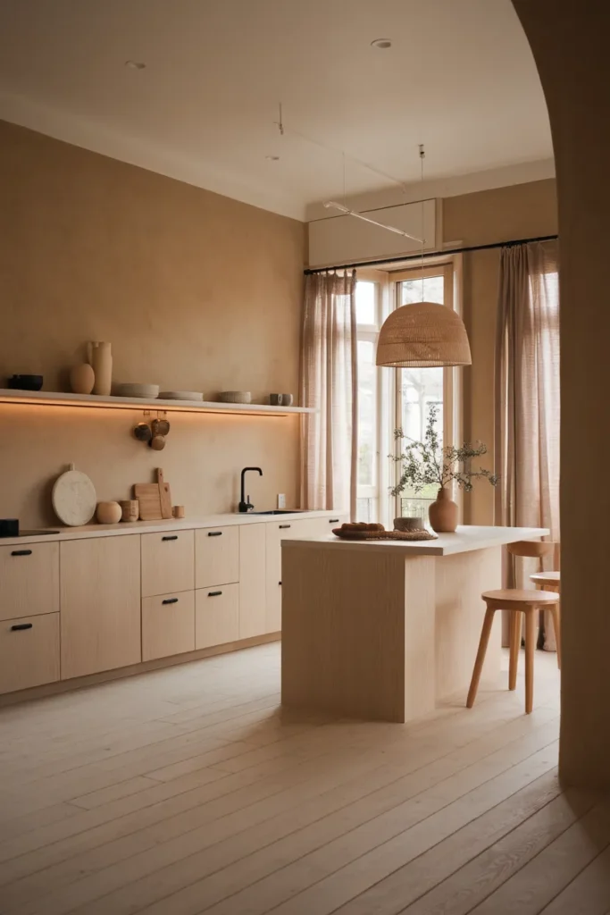 Clay Plaster Walls with Ash Cabinets and Linen Accents