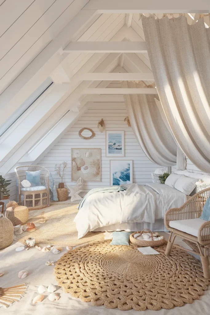30 Attic Bedroom Ideas That Turn Forgotten Spaces into Dreamy Retreats 17 Coastal Breeze Attic Bedroom