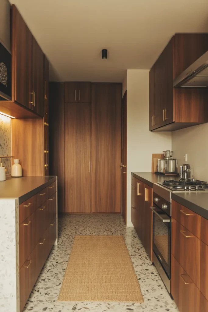 Compact Galley Layout with Warm Materials