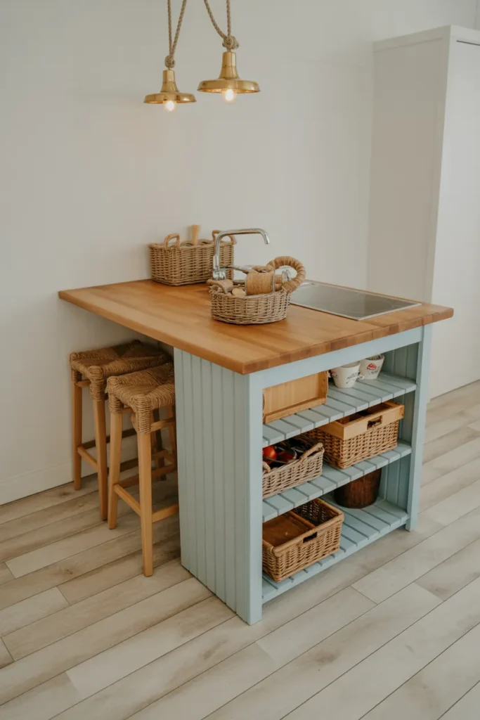 The Ultimate Guide to Small Coastal Kitchen Makeovers with a Breezy Beach Feel 18 Compact Kitchen Island with Seaside Storage