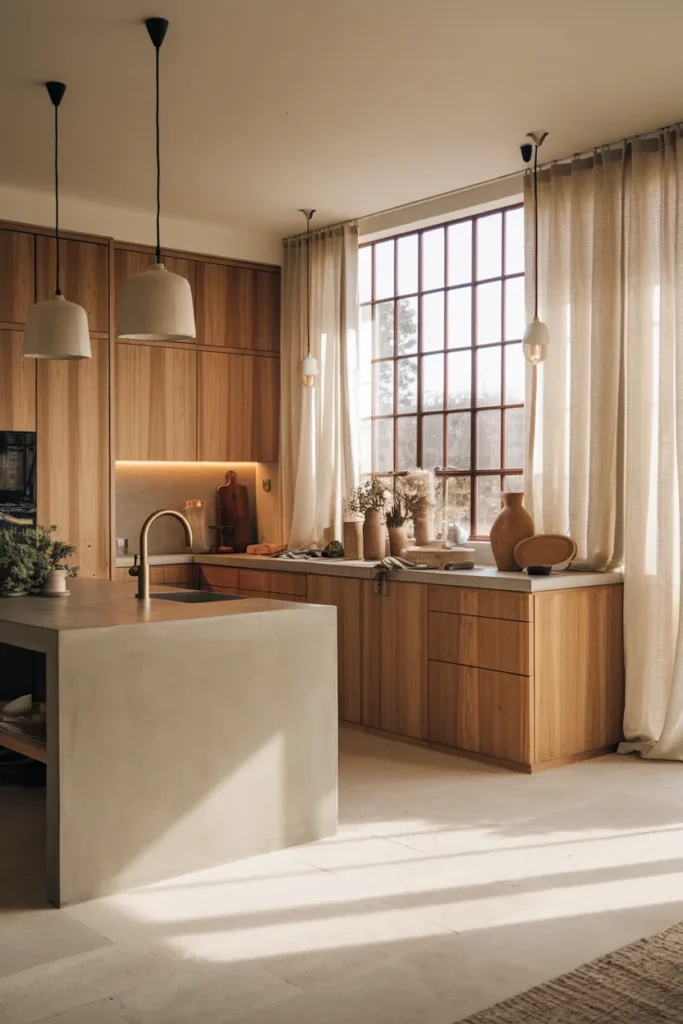 Concrete Island with Warm Oak and Soft Linen Drapes