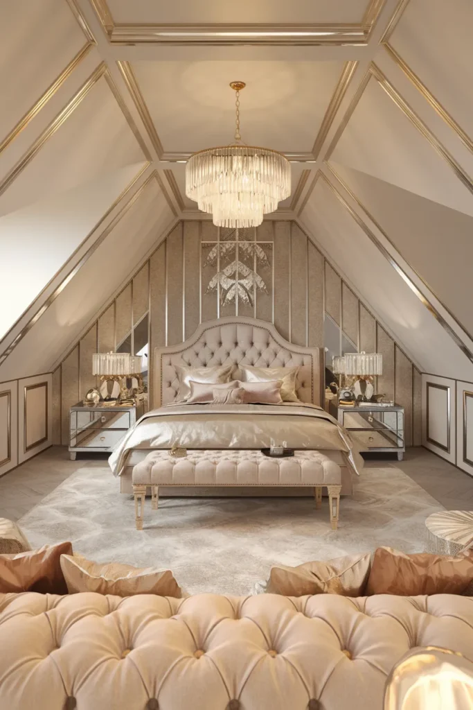 30 Attic Bedroom Ideas That Turn Forgotten Spaces into Dreamy Retreats 24 Contemporary Glam Attic Bedroom