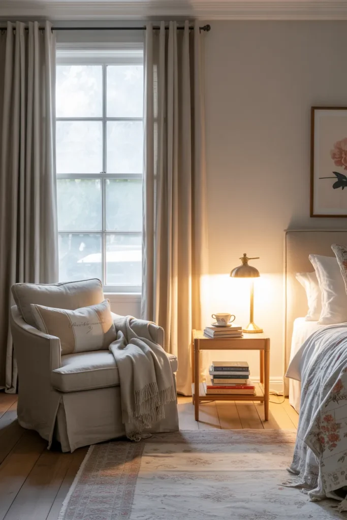 17 Warm and Elegant Nancy Meyers Bedroom Aesthetic Ideas for Timeless Comfort 4 Cozy Reading Corner Retreat