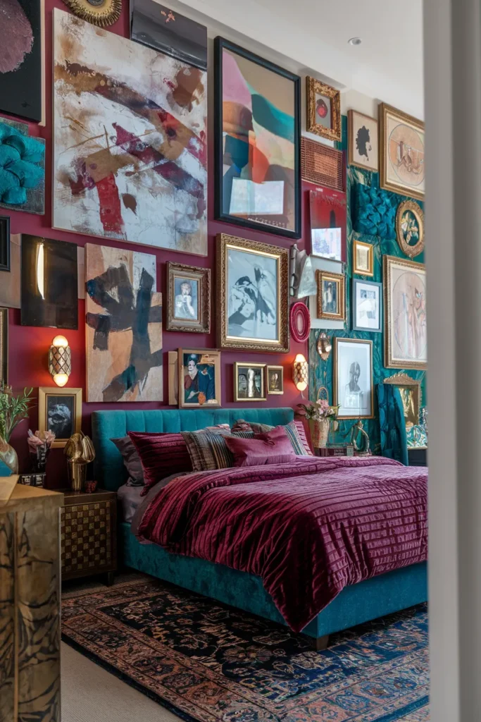 28 Maximalist Bedroom Decor Ideas That Mix Comfort, Color, and Chaos Beautifully 4 Create an Art-Filled Gallery Wall