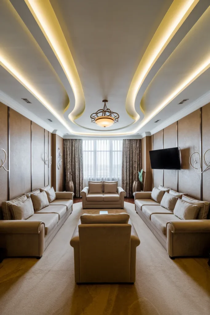 30 False Ceiling Ideas That Instantly Make Your Home Look More Luxurious 16 Curved Dual-Layer False Ceiling with Soft Cove Lighting