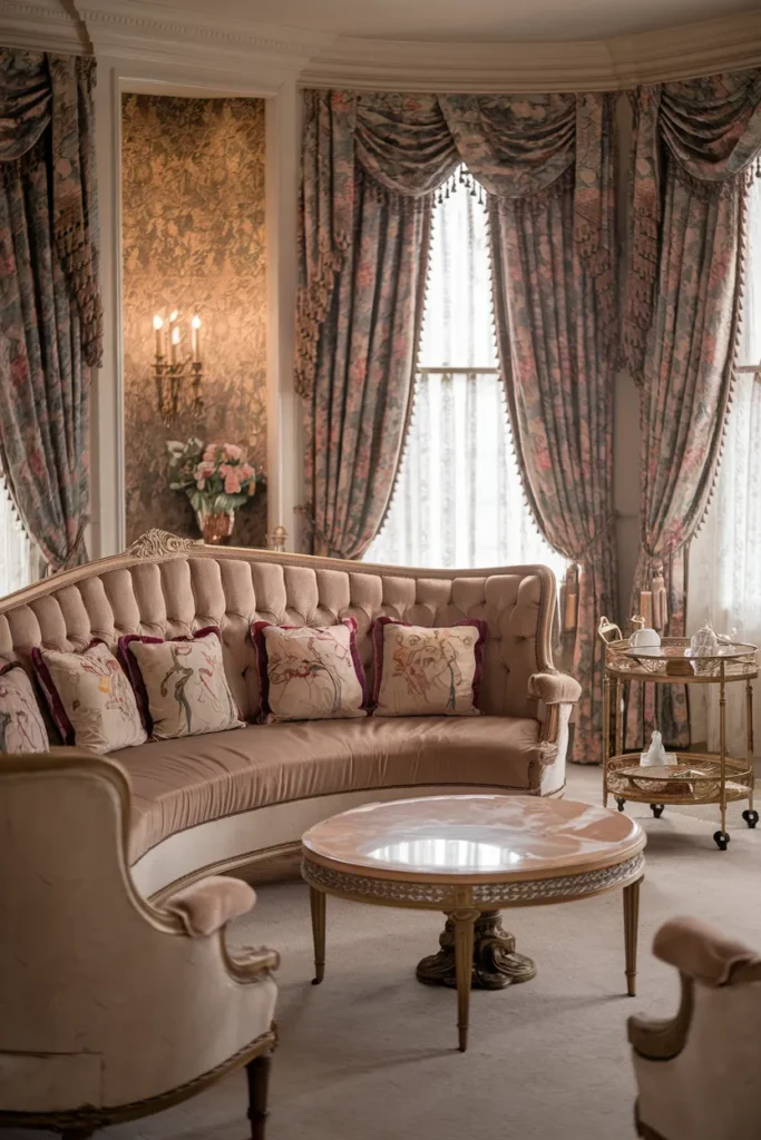 Curved Settee and Embroidered Cushions