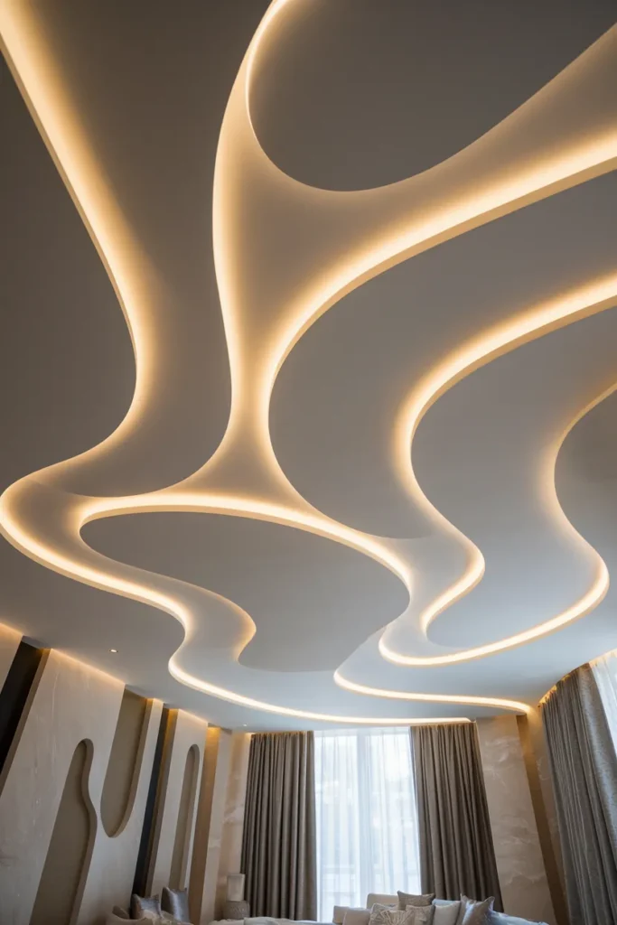 30 False Ceiling Ideas That Instantly Make Your Home Look More Luxurious 5 Curved Wave False Ceiling with Warm LED Lighting