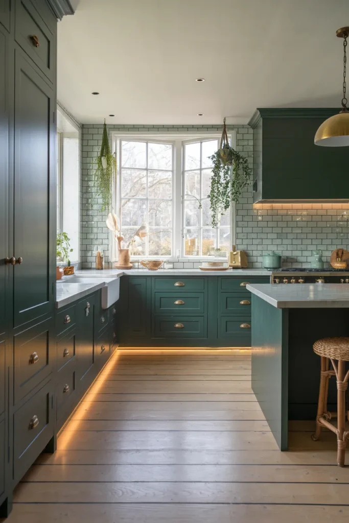 25 Dark & Moody Kitchen Ideas That Make Shadows Feel Luxurious 24 Dark Green Kitchen with Natural Light
