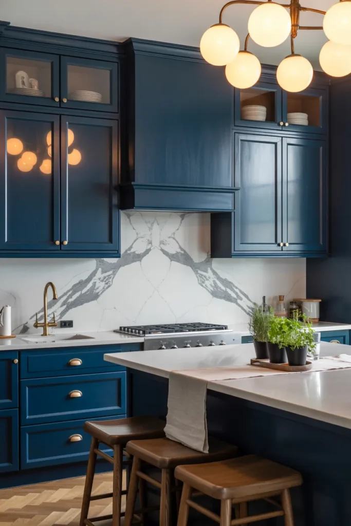 25 Dark & Moody Kitchen Ideas That Make Shadows Feel Luxurious 8 Dark Navy Cabinets with Marble Backsplash