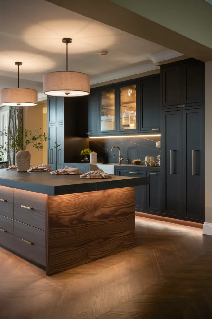 25 Dark & Moody Kitchen Ideas That Make Shadows Feel Luxurious 17 Dark Wood Island with Soft Lighting
