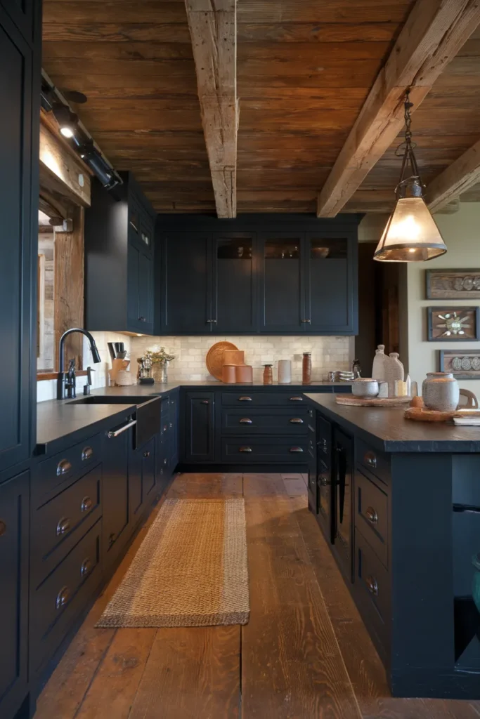 25 Dark & Moody Kitchen Ideas That Make Shadows Feel Luxurious 21 Deep Charcoal Kitchen with Wooden Ceiling Beams