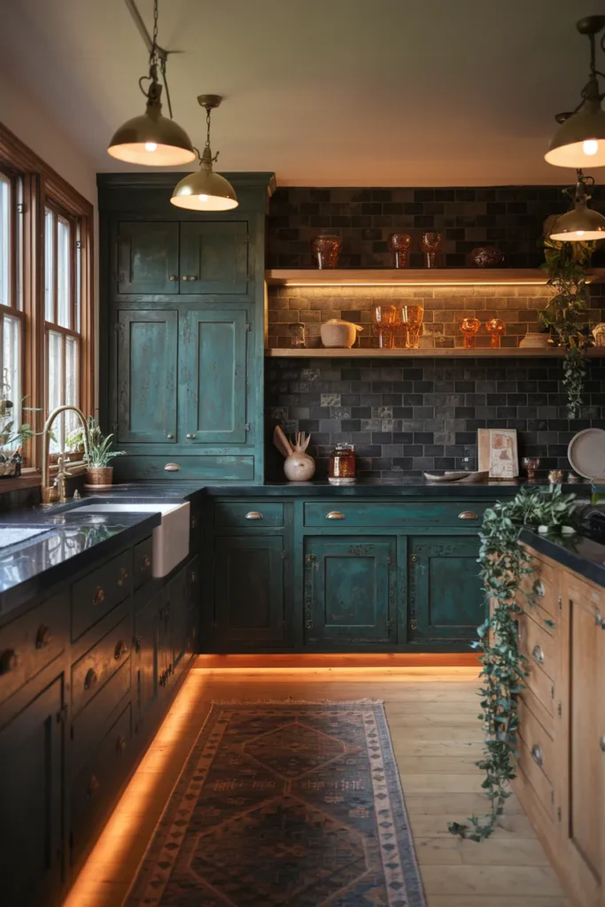 25 Dark & Moody Kitchen Ideas That Make Shadows Feel Luxurious 6 Deep Green Cabinets with Aged Brass and Zellige
