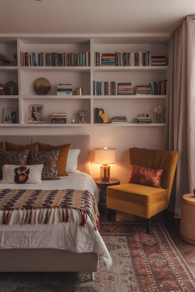 28 Maximalist Bedroom Decor Ideas That Mix Comfort, Color, and Chaos Beautifully 13 Display Books as Part of the Decor