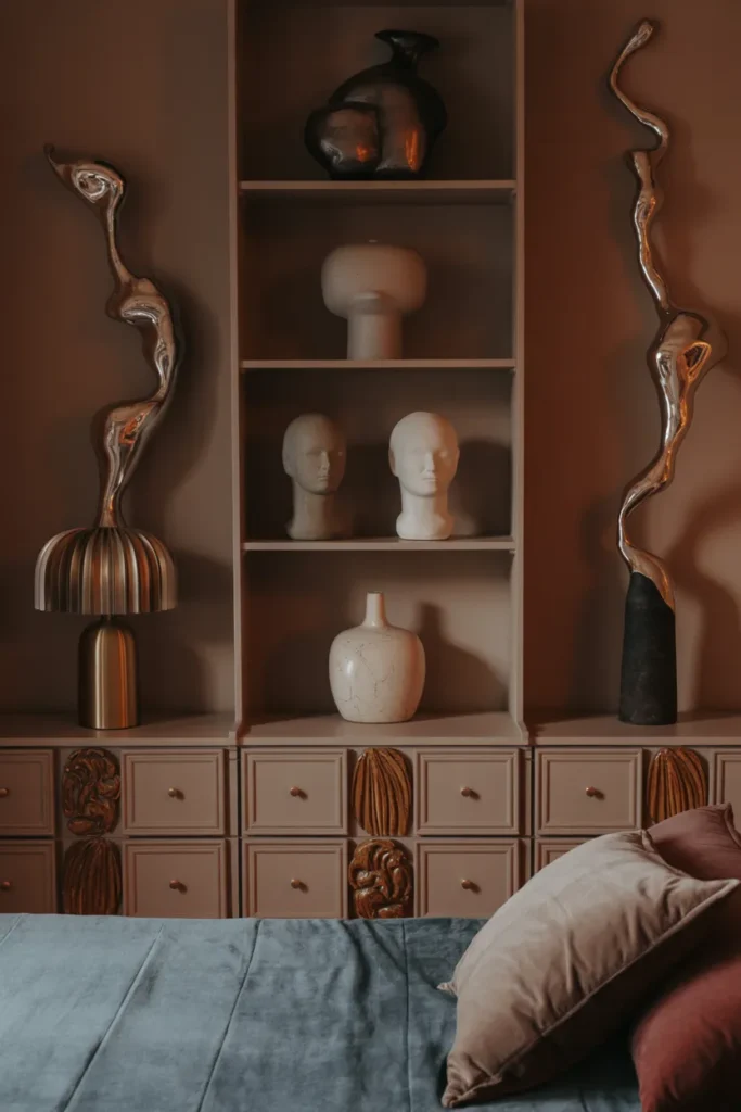28 Maximalist Bedroom Decor Ideas That Mix Comfort, Color, and Chaos Beautifully 25 Display Sculptural Decor Pieces