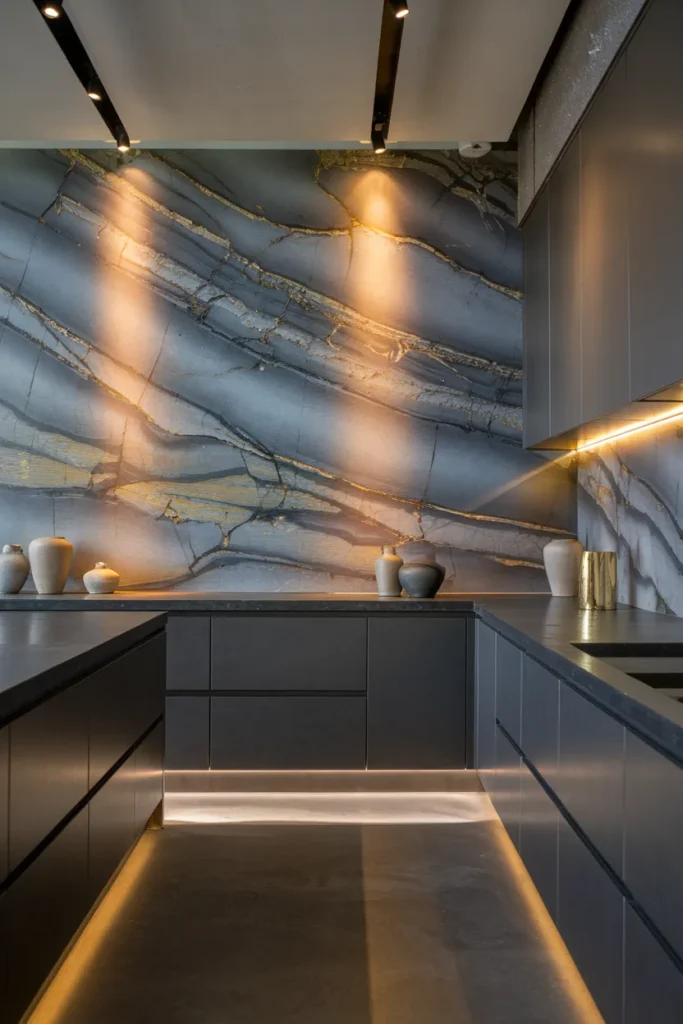 25 Dark & Moody Kitchen Ideas That Make Shadows Feel Luxurious 13 Dramatic Backsplash with Patterned Stone