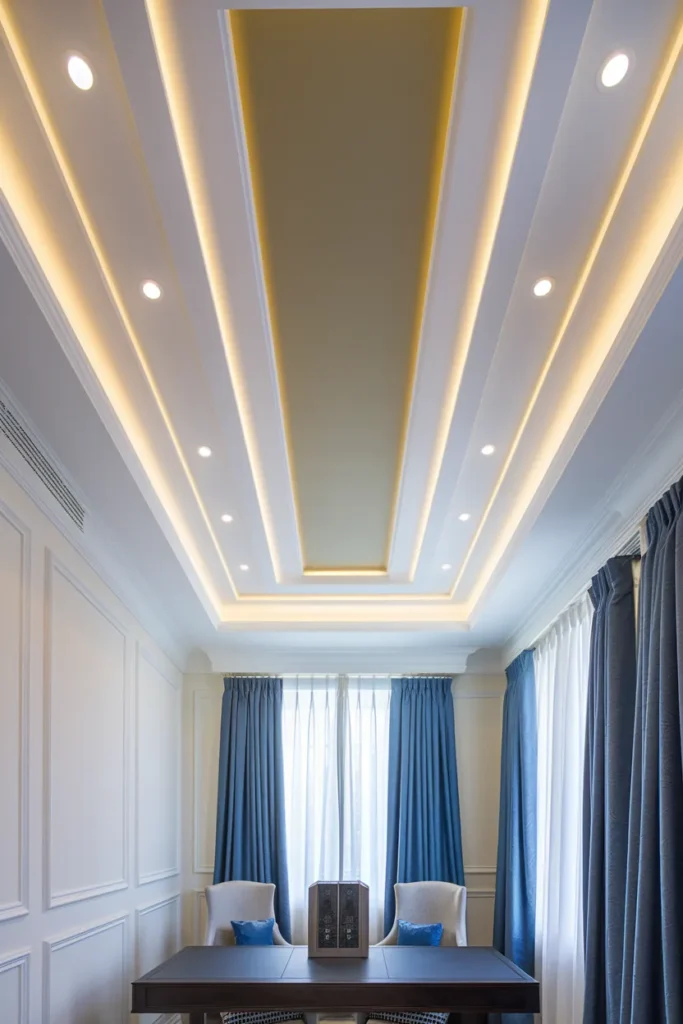 30 False Ceiling Ideas That Instantly Make Your Home Look More Luxurious 17 Dual-Tone Tray False Ceiling with Recessed Lighting