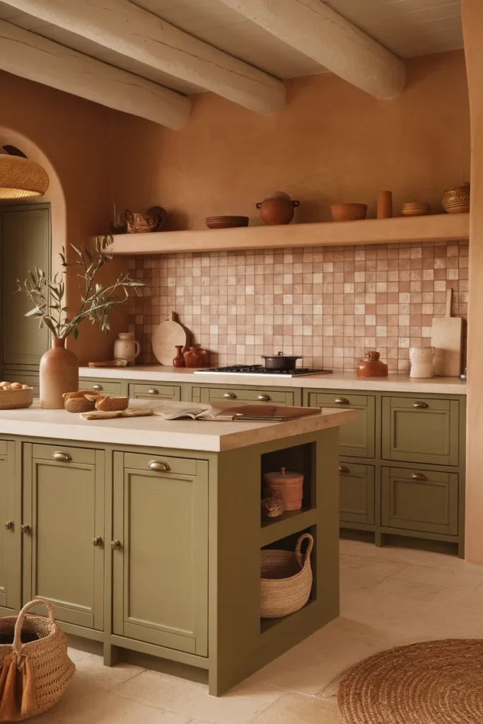 Earthy Palette with Clay Tile and Olive Green Cabinets