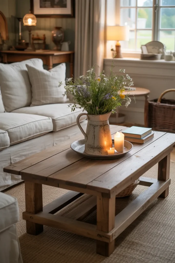 Farmhouse Table as Coffee Centerpiece
