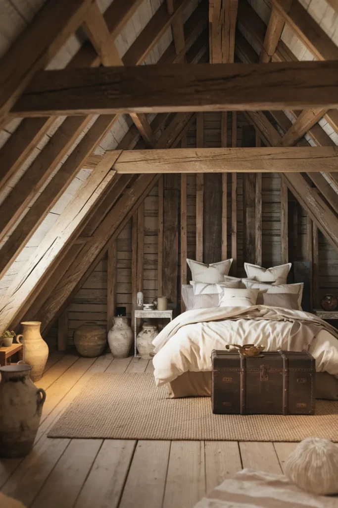 30 Attic Bedroom Ideas That Turn Forgotten Spaces into Dreamy Retreats 13 Farmhouse Warmth with Natural Texture
