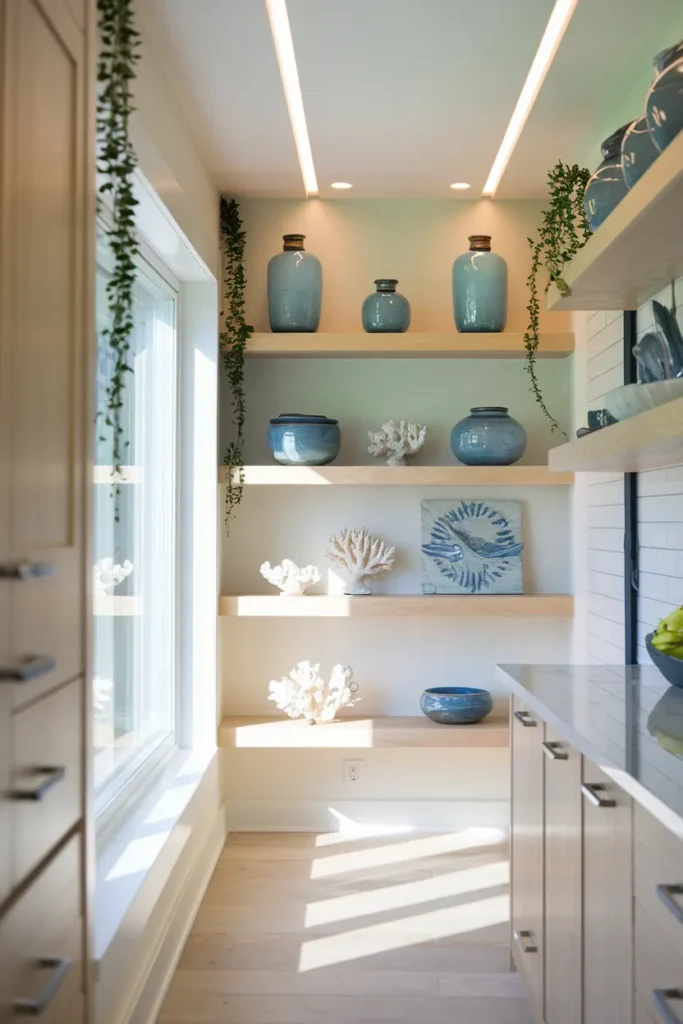 The Ultimate Guide to Small Coastal Kitchen Makeovers with a Breezy Beach Feel 11 Floating Shelves with Coastal Accessories