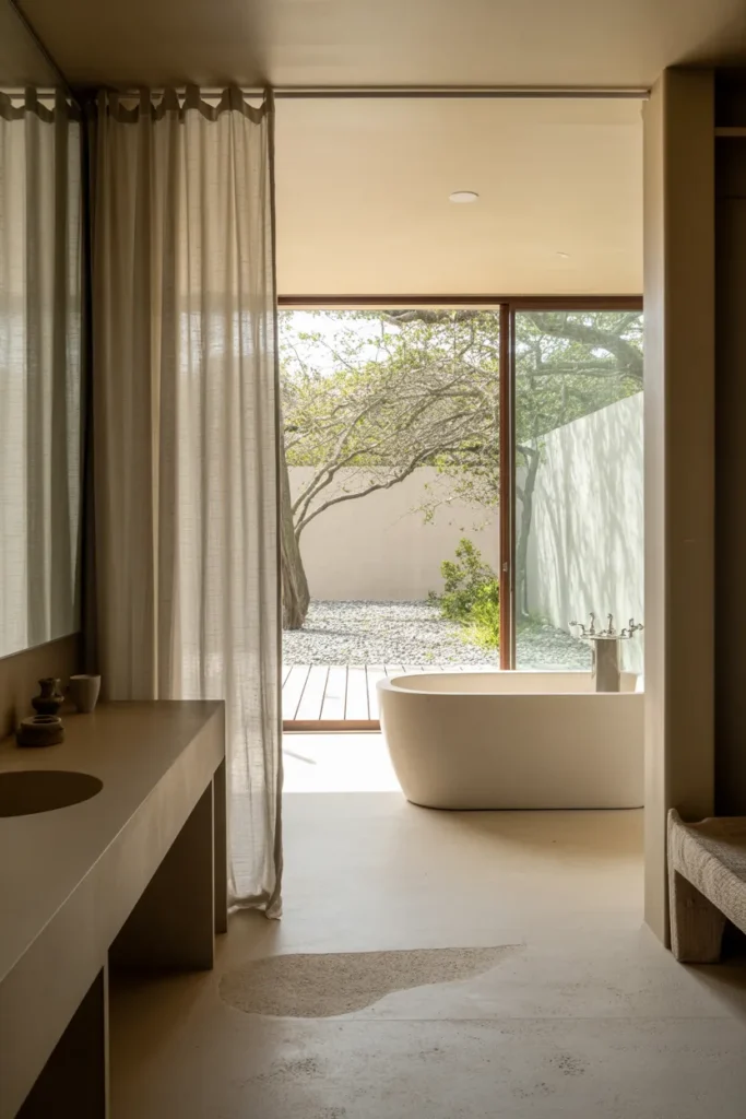 Simple Meets Stylish: 25 Minimalist Bathroom Designs That Inspire Clarity 16 Floor to Ceiling Windows
