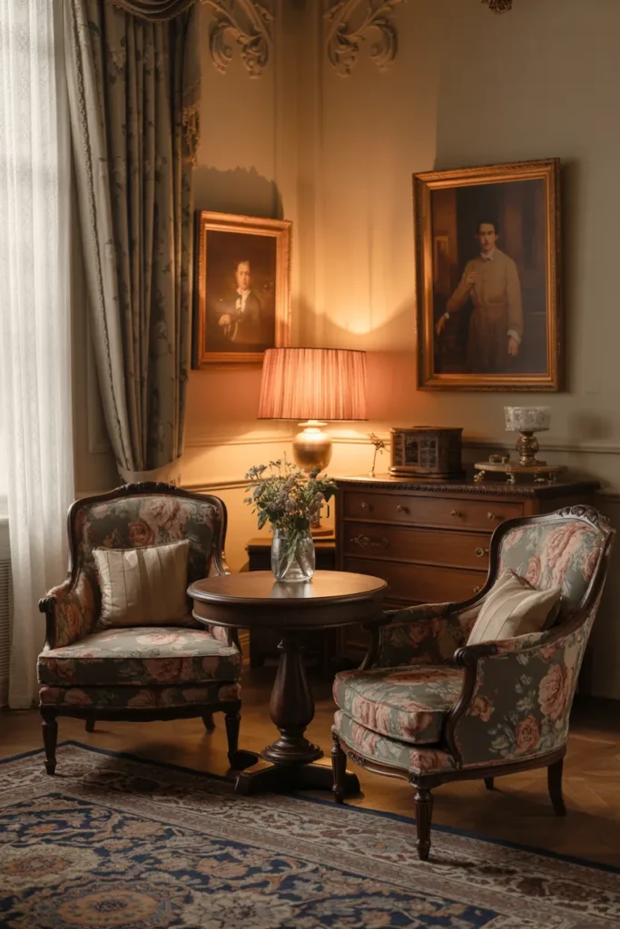 Floral Tapestry Armchairs and Dark Wood Accents