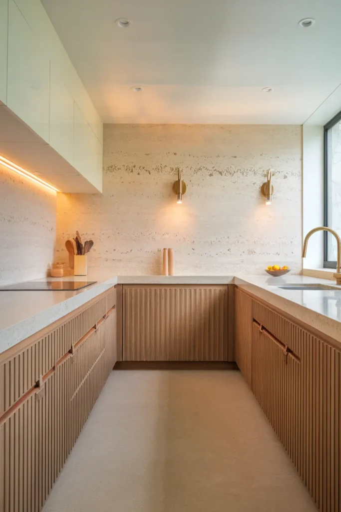 Fluted Fronts with Travertine and Finger Pulls