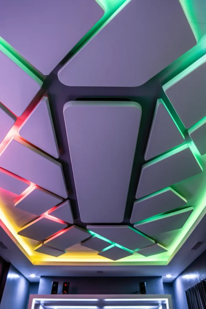 30 False Ceiling Ideas That Instantly Make Your Home Look More Luxurious 21 Futuristic 3D Panel False Ceiling with RGB Lighting